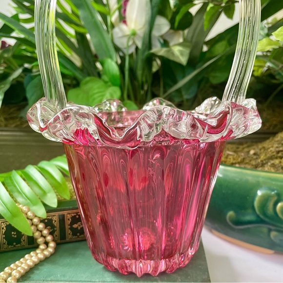 Mid-Century Modern Hand Blown Lead Crystal Cranberry Basket - Picture 2 of 11